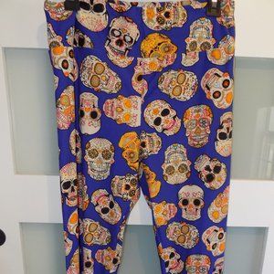 Lularoe Halloween Sugar Skulls Periwinkle Background Leggings Size T/C Women's